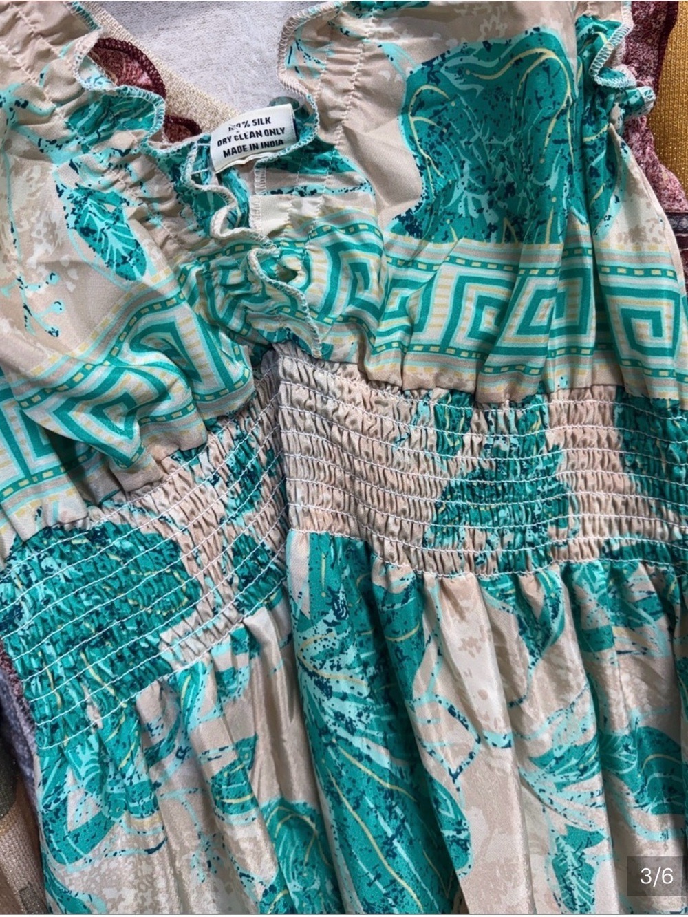 Boho Tiered Smocked Maxi Dress in Teal NWOT 100% Silk - Picture 2 of 2
